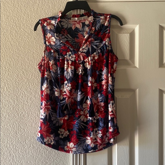 Cure Tops - Cure. Red White and Blue Sleeveless Tank Top with Floral Design